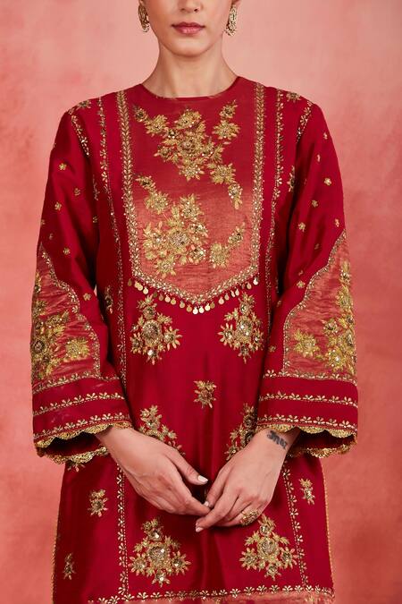 Buy Sue Mue Red Silk Organza, Ramie, Rayon Zari, Sequins, Najiya Floral Applique Kurta Set Online at Aza Fashions Buy_Sue Mue_Red Silk Organza, Ramie, Rayon Zari, Sequins, Najiya Floral Applique Kurta Set _Online_at_Aza_Fashions