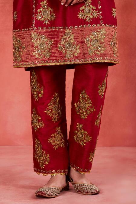 Shop Sue Mue Red Silk Organza, Ramie, Rayon Zari, Sequins, Najiya Floral Applique Kurta Set Online at Aza Fashions Shop_Sue Mue_Red Silk Organza, Ramie, Rayon Zari, Sequins, Najiya Floral Applique Kurta Set _Online_at_Aza_Fashions