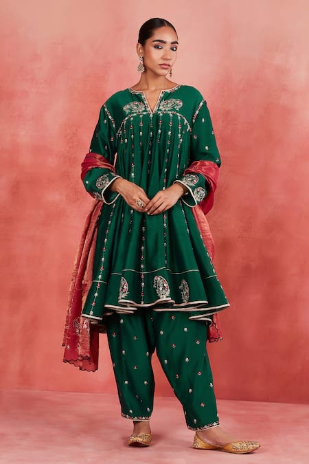 Sue Mue Green Handwoven Silk Chanderi Embroidered Zari Salima Paisley Anarkali Set 