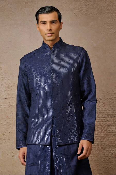 Tarun Tahiliani_Blue Silk, Georgette Sequins, Diamonds Geometric Embroidered Bundi _Online_at_Aza_Fashions