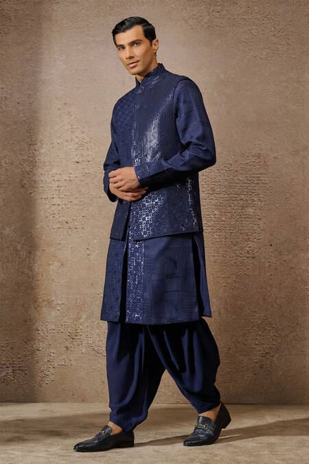 Buy_Tarun Tahiliani_Blue Silk, Georgette Sequins, Diamonds Geometric Embroidered Bundi _Online_at_Aza_Fashions