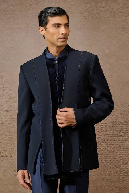 Tarun Tahiliani_Blue Japanese Crepe Embellished Diamond Bandhgala Set _Online_at_Aza_Fashions