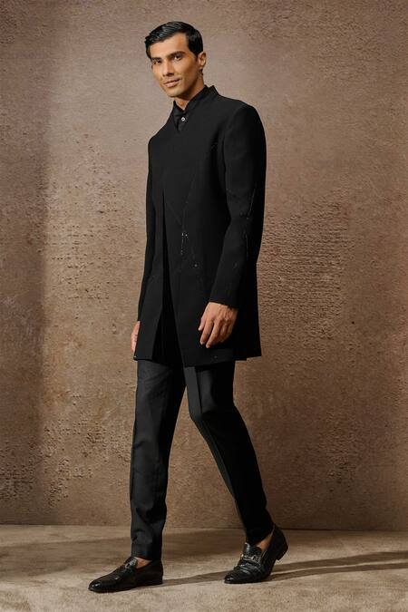 Buy_Tarun Tahiliani_Black Japanese Crepe Embellished Diamond Asymmetric Dual Panelled Sherwani Set _Online_at_Aza_Fashions