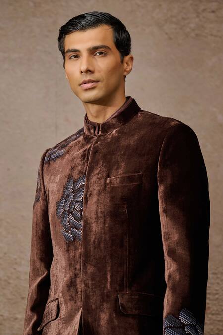 Tarun Tahiliani_Brown Silk Velvet Embroidered Floral Thread Bandhgala Set _Online_at_Aza_Fashions