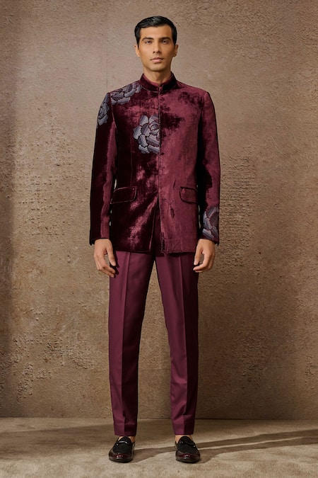 Tarun Tahiliani Wine Silk Velvet Embroidered Floral Thread Bandhgala Trouser Set 