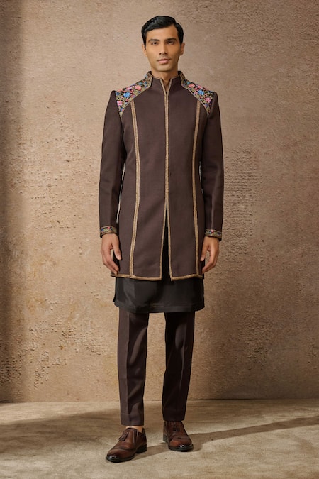 Tarun Tahiliani Brown Wool Crepe Embroidered Thread Floral Sherwani Set 