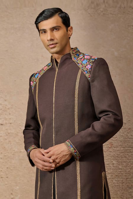 Tarun Tahiliani_Brown Silk, Wool Embroidery Floral Thread Sherwani Set _Online_at_Aza_Fashions