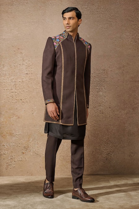 Buy_Tarun Tahiliani_Brown Silk, Wool Embroidery Floral Thread Sherwani Set _Online_at_Aza_Fashions