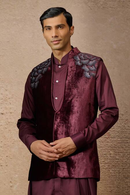 Buy Tarun Tahiliani Wine Silk Velvet Embroidered Thread Floral Waistcoat Kurta Set Online at Aza Fashions Buy_Tarun Tahiliani_Wine Silk Velvet Embroidered Thread Floral Waistcoat Kurta Set _Online_at_Aza_Fashions