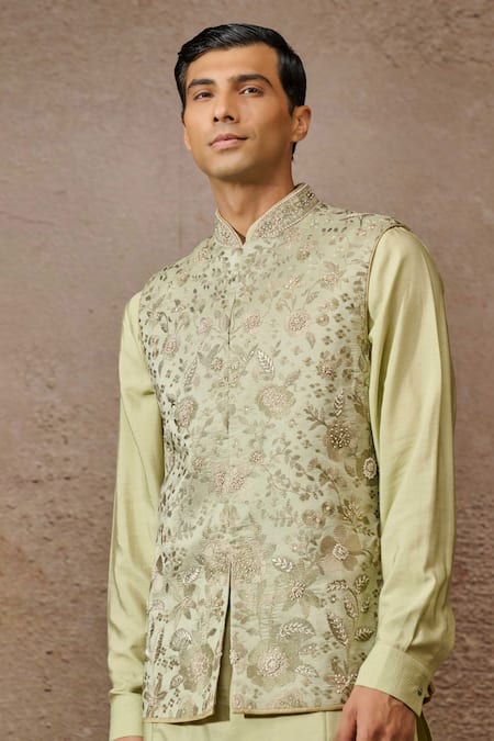 Buy Tarun Tahiliani Green Silk Dupion Embroidered Thread Floral Waistcoat Kurta Set Online at Aza Fashions Buy_Tarun Tahiliani_Green Silk Dupion Embroidered Thread Floral Waistcoat Kurta Set _Online_at_Aza_Fashions
