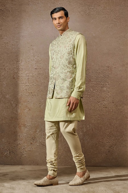 Shop Tarun Tahiliani Green Silk Dupion Embroidered Thread Floral Waistcoat Kurta Set Online at Aza Fashions Shop_Tarun Tahiliani_Green Silk Dupion Embroidered Thread Floral Waistcoat Kurta Set _Online_at_Aza_Fashions