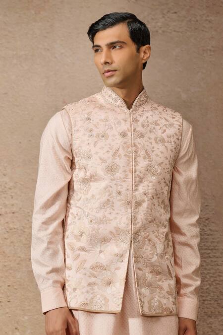 Shop Tarun Tahiliani Pink Silk Dupion Embroidered Thread Floral Waistcoat Kurta Set Online at Aza Fashions Shop_Tarun Tahiliani_Pink Silk Dupion Embroidered Thread Floral Waistcoat Kurta Set _Online_at_Aza_Fashions