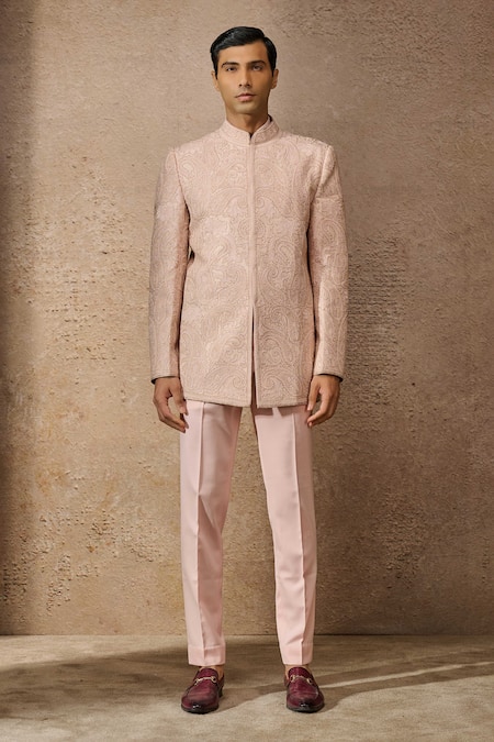 Tarun Tahiliani Pink Silk Dupion Embroidered Dori Paisley Bandhgala Trouser Set Online at Aza Fashions Tarun Tahiliani_Pink Silk Dupion Embroidered Dori Paisley Bandhgala Trouser Set _Online_at_Aza_Fashions