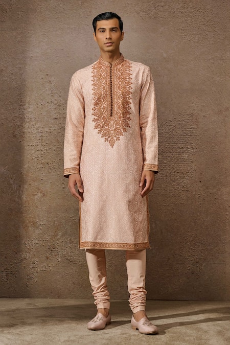 Buy_Tarun Tahiliani_Pink Cotton, Polyester Embroidery Maori Kurta With Churidar _Online_at_Aza_Fashions