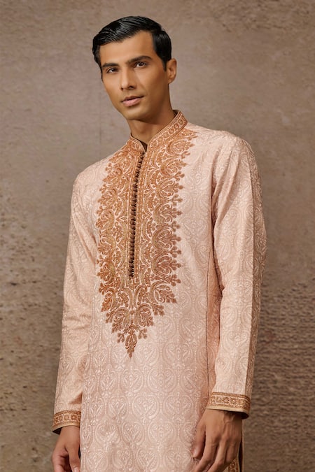Shop_Tarun Tahiliani_Pink Cotton, Polyester Embroidery Maori Kurta With Churidar _Online_at_Aza_Fashions