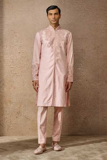 Buy_Tarun Tahiliani_Pink Tussar, Georgette Embroidery Dori Paisley Kurta With Trouser _Online_at_Aza_Fashions