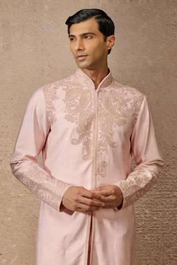 Shop_Tarun Tahiliani_Pink Tussar, Georgette Embroidery Dori Paisley Kurta With Trouser _Online_at_Aza_Fashions