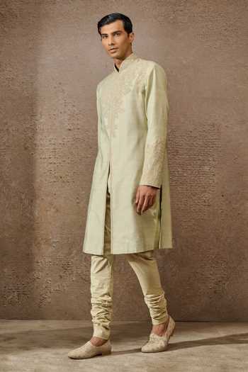 Tarun Tahiliani Green Georgette, Tussar, Cotton Paisley Dori Embroidered Kurta With Trouser Online at Aza Fashions Tarun Tahiliani_Green Georgette, Tussar, Cotton Paisley Dori Embroidered Kurta With Trouser _Online_at_Aza_Fashions