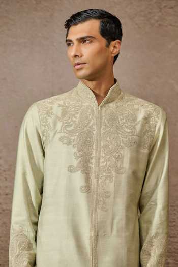 Buy Tarun Tahiliani Green Georgette, Tussar, Cotton Paisley Dori Embroidered Kurta With Trouser Online at Aza Fashions Buy_Tarun Tahiliani_Green Georgette, Tussar, Cotton Paisley Dori Embroidered Kurta With Trouser _Online_at_Aza_Fashions