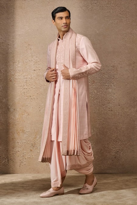Tarun Tahiliani Pink Georgette, Tussar, Silk Diamonds, Embroidery Dori Paisley Kurta Dhoti Set 