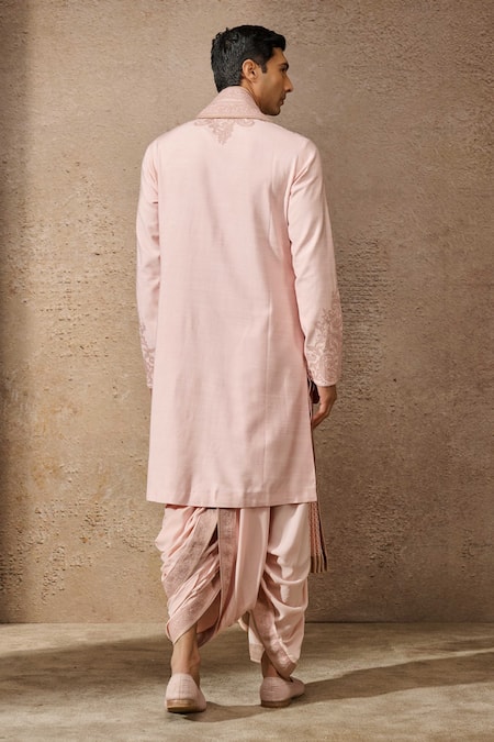 Shop Tarun Tahiliani Pink Georgette, Tussar, Silk Diamonds, Embroidery Dori Paisley Kurta Dhoti Set at Aza Fashions Shop_Tarun Tahiliani_Pink Georgette, Tussar, Silk Diamonds, Embroidery Dori Paisley Kurta Dhoti Set _at_Aza_Fashions
