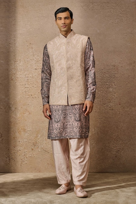 Tarun Tahiliani Tonal Dori Paisley Embroidered Waistcoat Kurta Set 