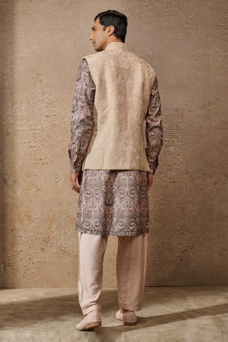 Tarun Tahiliani Tonal Dori Paisley Embroidered Waistcoat Kurta Set 