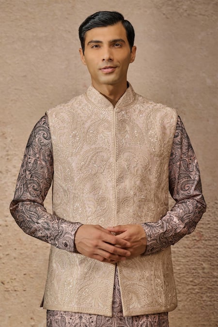 Tarun Tahiliani_Pink Silk Dupion Embroidered Dori Tonal Paisley Waistcoat Kurta Set _Online_at_Aza_Fashions