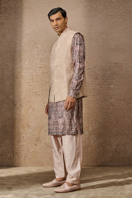 Buy_Tarun Tahiliani_Pink Silk Dupion Embroidered Dori Tonal Paisley Waistcoat Kurta Set _Online_at_Aza_Fashions