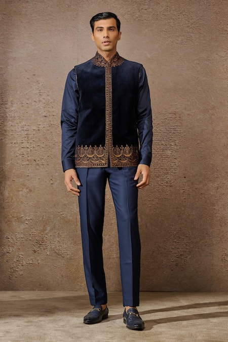 Tarun Tahiliani Blue Cotton Velvet Embroidered Marori Waistcoat 