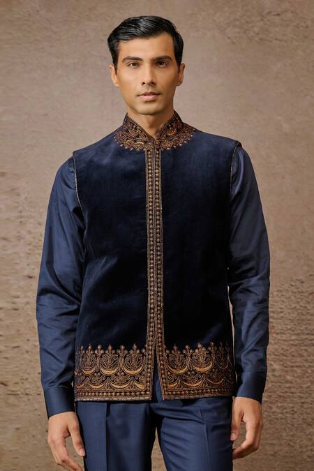 Tarun Tahiliani_Blue Cotton Velvet Embroidered Marori Waistcoat _Online_at_Aza_Fashions