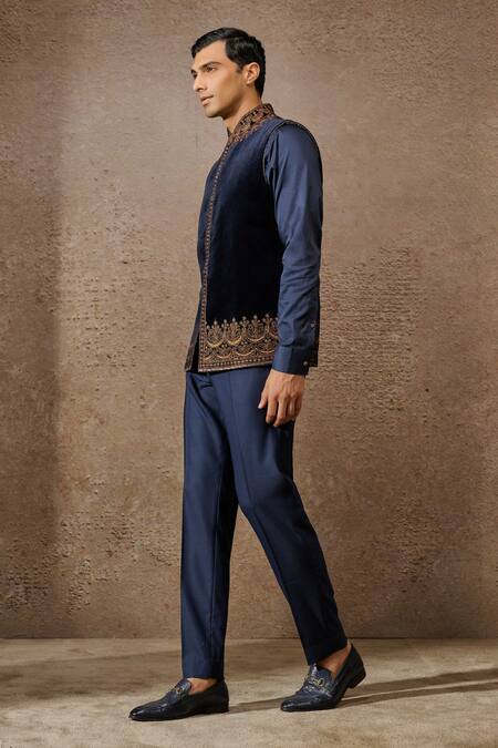 Buy_Tarun Tahiliani_Blue Cotton Velvet Embroidered Marori Waistcoat _Online_at_Aza_Fashions