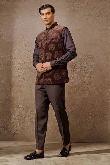 Tarun Tahiliani Brown Cotton Velvet Embellished Pixeled Floral Pattern Waistcoat And Trouser Set 