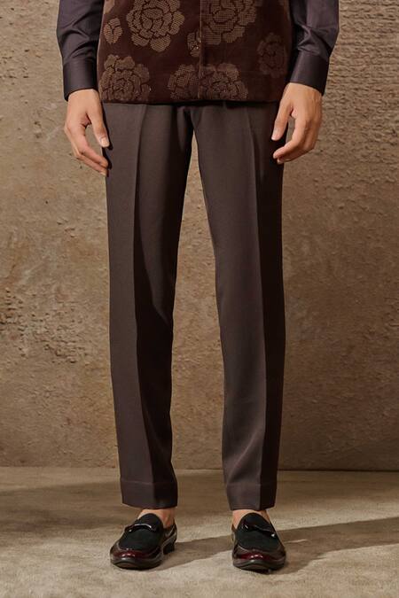 Buy_Tarun Tahiliani_Brown Cotton Velvet Embellished Pixeled Floral Pattern Waistcoat And Trouser Set _Online_at_Aza_Fashions