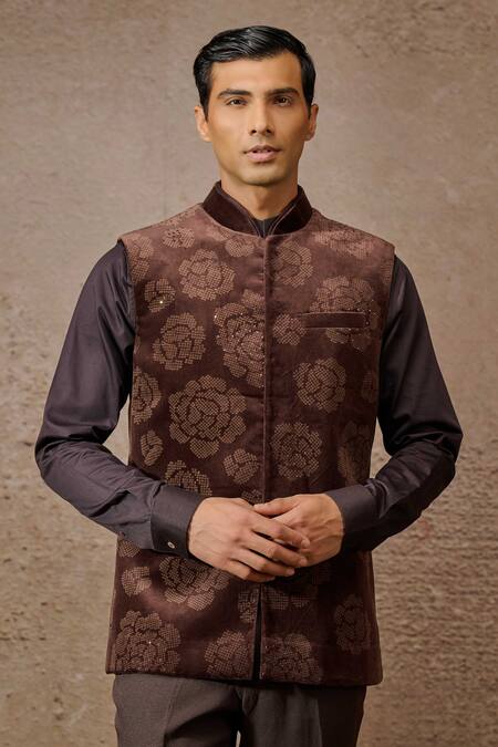 Shop_Tarun Tahiliani_Brown Cotton Velvet Embellished Pixeled Floral Pattern Waistcoat And Trouser Set _Online_at_Aza_Fashions