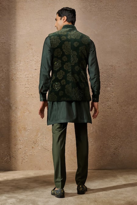 Tarun Tahiliani Pixeled Floral Pattern Waistcoat & Kurta Set 