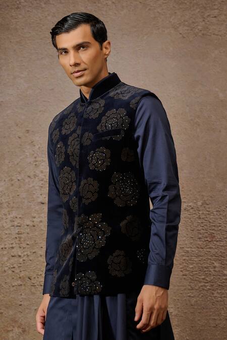 Shop_Tarun Tahiliani_Blue Cotton Velvet Embellished Pixeled Floral Pattern Waistcoat Set _Online_at_Aza_Fashions