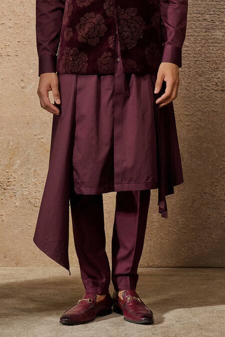 Tarun Tahiliani Wine Cotton Velvet Embellished Pixeled Floral Metallic Stud Waistcoat Set Online at Aza Fashions Tarun Tahiliani_Wine Cotton Velvet Embellished Pixeled Floral Metallic Stud Waistcoat Set _Online_at_Aza_Fashions