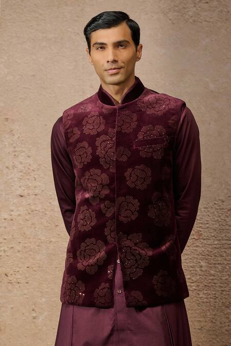 Buy Tarun Tahiliani Wine Cotton Velvet Embellished Pixeled Floral Metallic Stud Waistcoat Set Online at Aza Fashions Buy_Tarun Tahiliani_Wine Cotton Velvet Embellished Pixeled Floral Metallic Stud Waistcoat Set _Online_at_Aza_Fashions