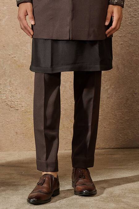 Tarun Tahiliani_Brown Wool Crepe Embroidery Aari Bead Neckline Bandhgala Set _Online_at_Aza_Fashions