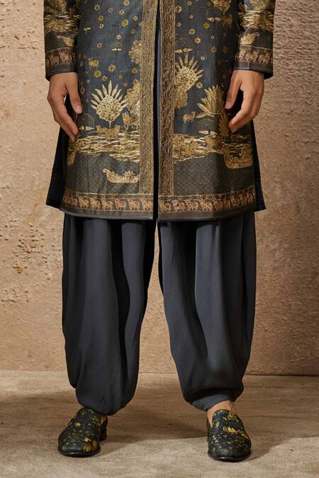 Tarun Tahiliani_Brown , Satin Embroidery, Beads Pichwai Print Kurta Set _Online_at_Aza_Fashions