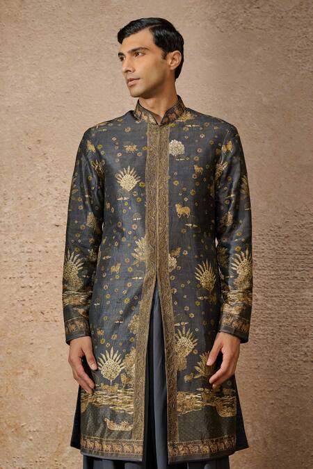 Shop_Tarun Tahiliani_Brown , Satin Embroidery, Beads Pichwai Print Kurta Set _Online_at_Aza_Fashions