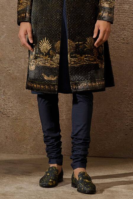 Tarun Tahiliani_Brown Silk Velvet Printed Pichwai Sherwani Set _Online_at_Aza_Fashions