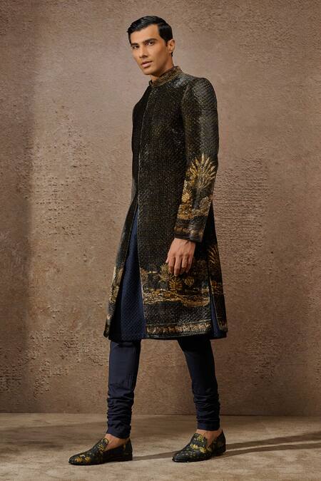 Shop_Tarun Tahiliani_Brown Silk Velvet Printed Pichwai Sherwani Set _Online_at_Aza_Fashions