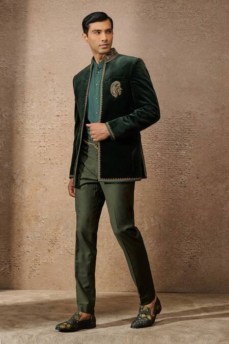 Shop_Tarun Tahiliani_Emerald Green Cotton Velvet Embroidery Zardozi Bandhgala Set _Online_at_Aza_Fashions