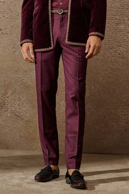 Tarun Tahiliani Wine Cotton Velvet Embroidery Zardozi Paisley Placement Bandhgala Set Online at Aza Fashions Tarun Tahiliani_Wine Cotton Velvet Embroidery Zardozi Paisley Placement Bandhgala Set _Online_at_Aza_Fashions