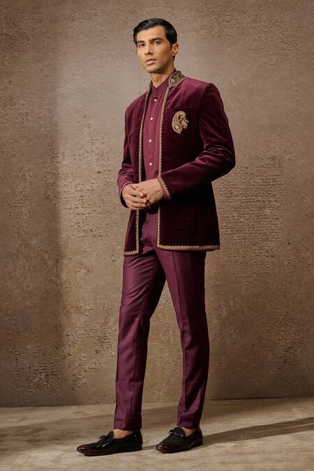 Shop Tarun Tahiliani Wine Cotton Velvet Embroidery Zardozi Paisley Placement Bandhgala Set Online at Aza Fashions Shop_Tarun Tahiliani_Wine Cotton Velvet Embroidery Zardozi Paisley Placement Bandhgala Set _Online_at_Aza_Fashions