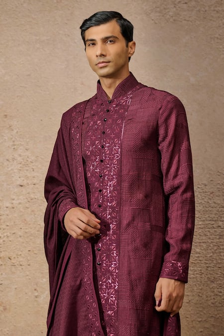 Shop_Tarun Tahiliani_Wine Silk, Georgette Sequins Embroidered Kurta Set With Shawl _Online_at_Aza_Fashions
