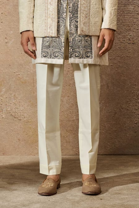 Tarun Tahiliani_Ivory Silk Velvet Embroidery Thread Floral Bandhgala And Kurta Set _Online_at_Aza_Fashions
