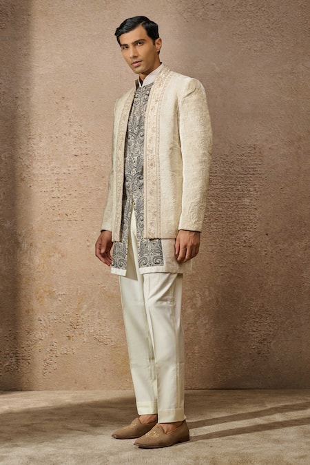 Buy_Tarun Tahiliani_Ivory Silk Velvet Embroidery Thread Floral Bandhgala And Kurta Set _Online_at_Aza_Fashions